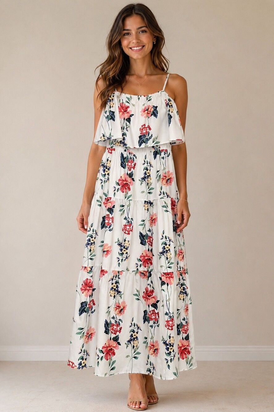 Melonie Floral Off Shoulder Maxi Dress Size 4 White Cotton Tiered Boho